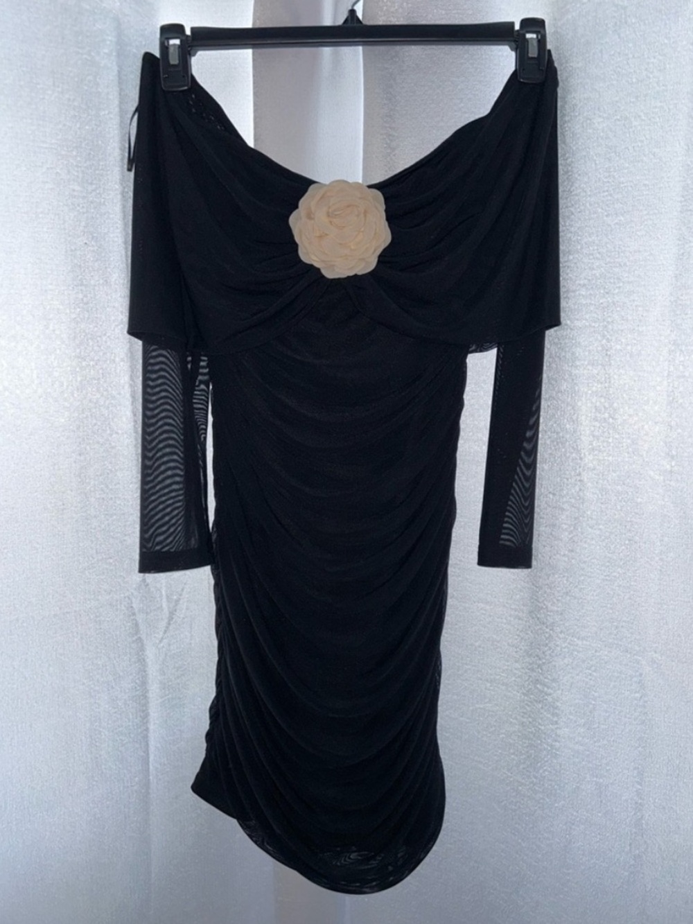 Black Off-Shoulder Ruched Long-Sleeve Dress with Cream Floral Accent